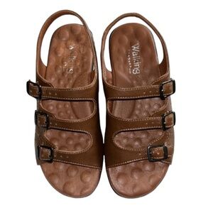 Walking Cradles Brown Leather Adjustable 3 Strap Sandal with Wedge Size 9